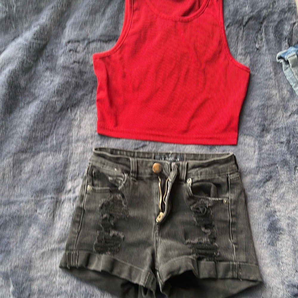 Two piece set red top size small and Aeropostale black denim shorts size 0